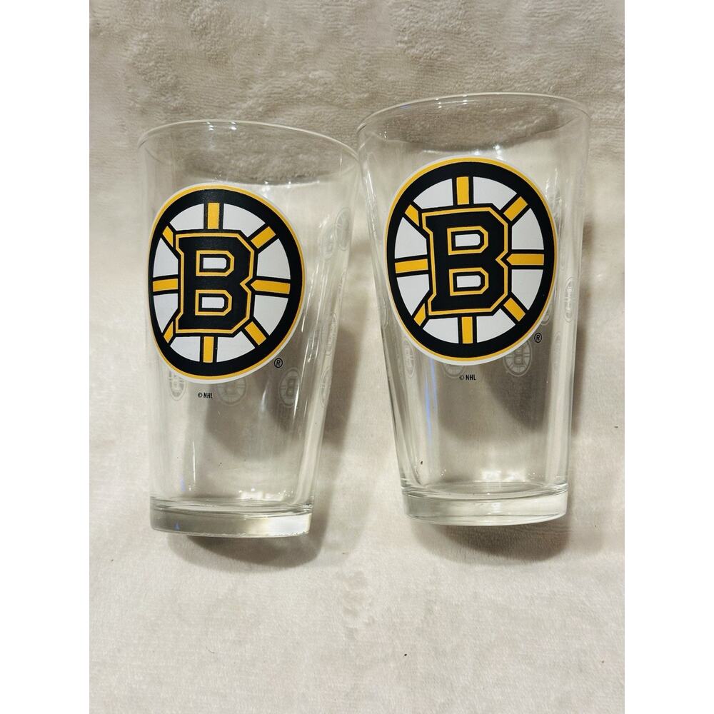 BOSTON BRUINS 16oz Beer Drinking Mixing Glasses, NHL Hockey Barware Set Of 2 Bar